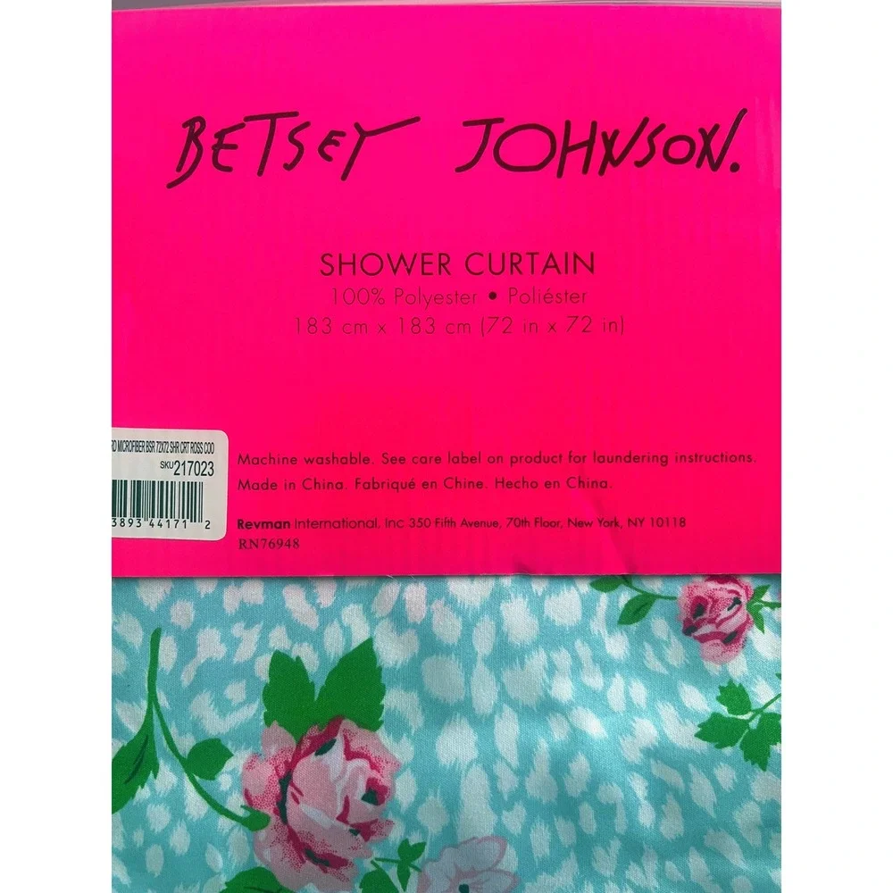 Betsey Johnson Shower Curtain Floral Rose Leopard Print Blue Pink 72x72 NEW